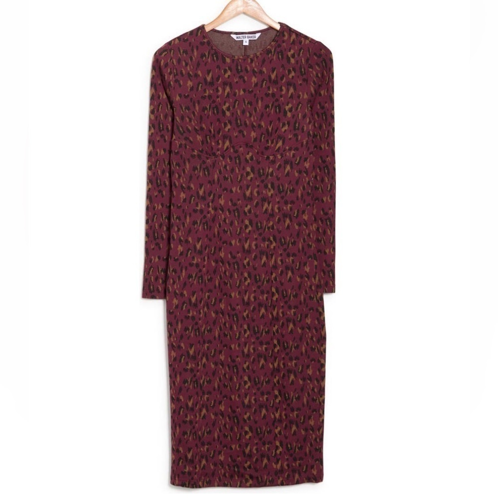 Walter Baker Shaina Burgundy Leopard Print Knit Midi Long Sleeve Dress- Med, NWT